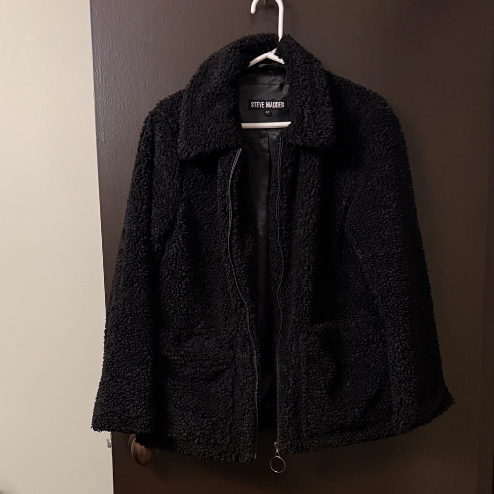Steve Madden Black Teddy Jacket with black faux leather trim down the front